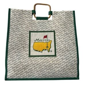 Master's Golf Jute Woven Large Tote Bag Wooden Handles Logo Golf